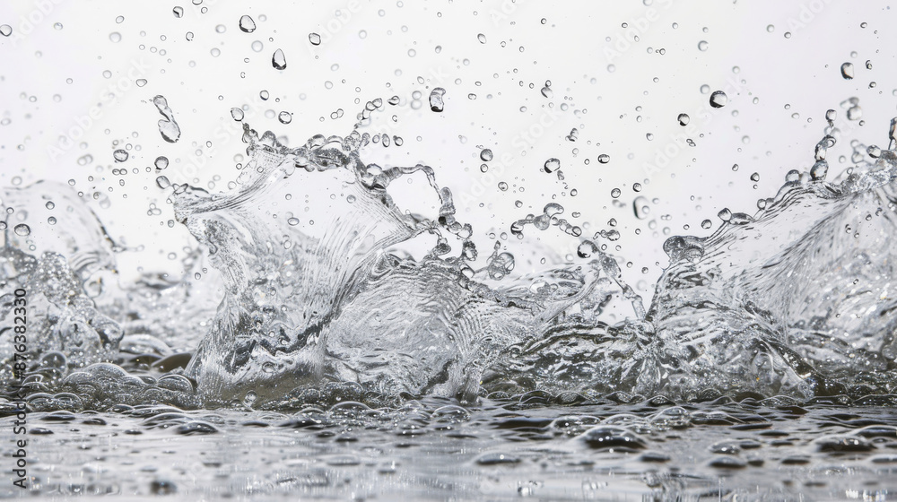 Crystal-clear water splashes and bubbles rise, creating a refreshing and vibrant scene against a pristine white backdrop. Crystal-clear water splashes and bubbles rise, creating a refreshing and vibrant scene against a pristine white backdrop.
