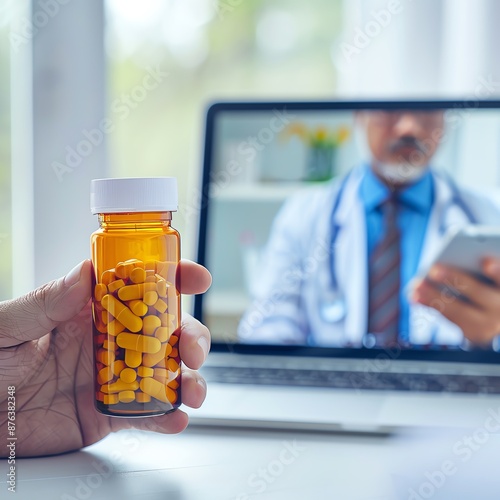 Pill bottle home delivery by telehealth service, advanced medical care, digital efficiency, vivid and crisp imagery, 4K resolution. copy space for text,