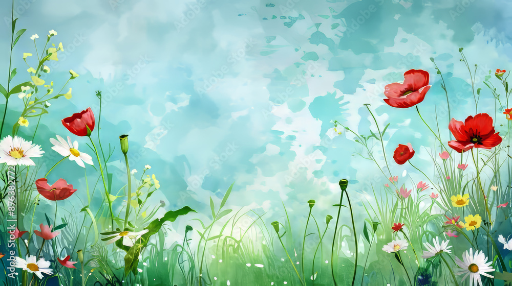 Fototapeta premium Fresh spring flowers and grass surrounded by a delicate watercolor frame.