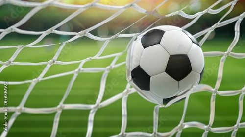 A soccer ball nestled in the goal net, vibrant green field background, captured in high resolution, conveying the excitement of scoring, focus cover all object, deep dept of field
