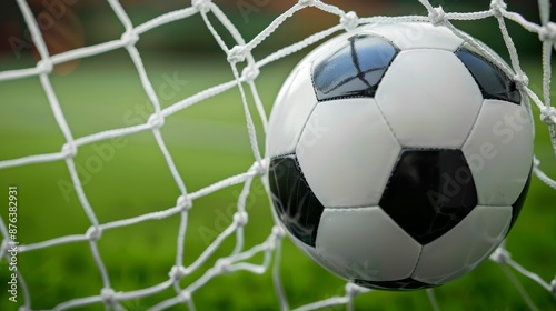 A soccer ball nestled in the goal net, vibrant green field background, captured in high resolution, conveying the excitement of scoring, focus cover all object, deep dept of field