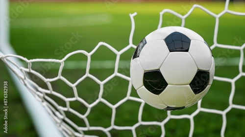 A soccer ball nestled in the goal net, vibrant green field background, captured in high resolution, conveying the excitement of scoring, focus cover all object, deep dept of field