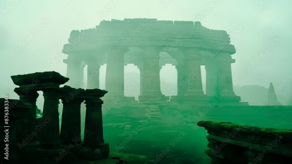 Misty ancient ruins shrouded in green ambiance