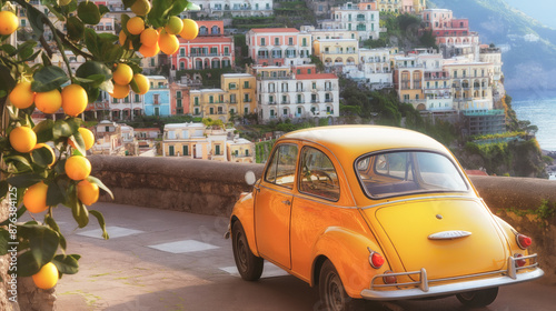 A vintage yellow car parked under a lemon tree with ripe lemons, set against costal colorful buildings and cliffs. Nostalgia, Mediterranean charm, travel concepts. Amalfi Coast, Italy photo