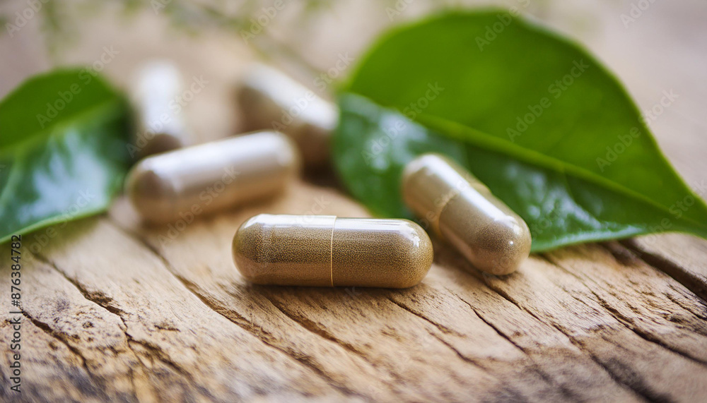 Organic herbal medicine capsule on wooden table with green leaves. Immunity support product. Organic herbal medicine capsule on wooden table with green leaves. Immunity support product.