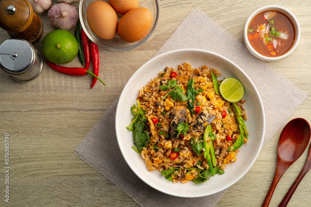 Thai Fried Rice with Canned Fish.Stir fried jasmine rice with sardine in tomato sauce, eggs and kale in white plate.Top view. Thai Fried Rice with Canned Fish.Stir fried jasmine rice with sardine in tomato sauce, eggs and kale in white plate.Top view.