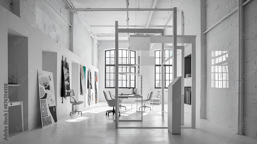 Yellow and White open space office interior with city view, daylight, furniture and equipment. 3D Rendering Yellow and White open space office interior with city view, daylight, furniture and equipment. 3D Rendering