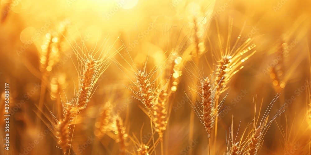 Close-up of golden wheat ears in a sunlit field during harvest Close-up of golden wheat ears in a sunlit field during harvest