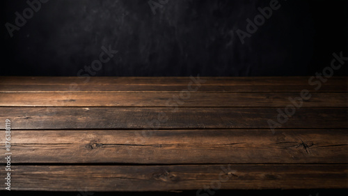 Empty wooden table on a dark wall background. The dark wood stage for product display. AI-Generated