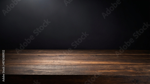 Empty wooden table on a dark wall background. The dark wood stage for product display. AI-Generated