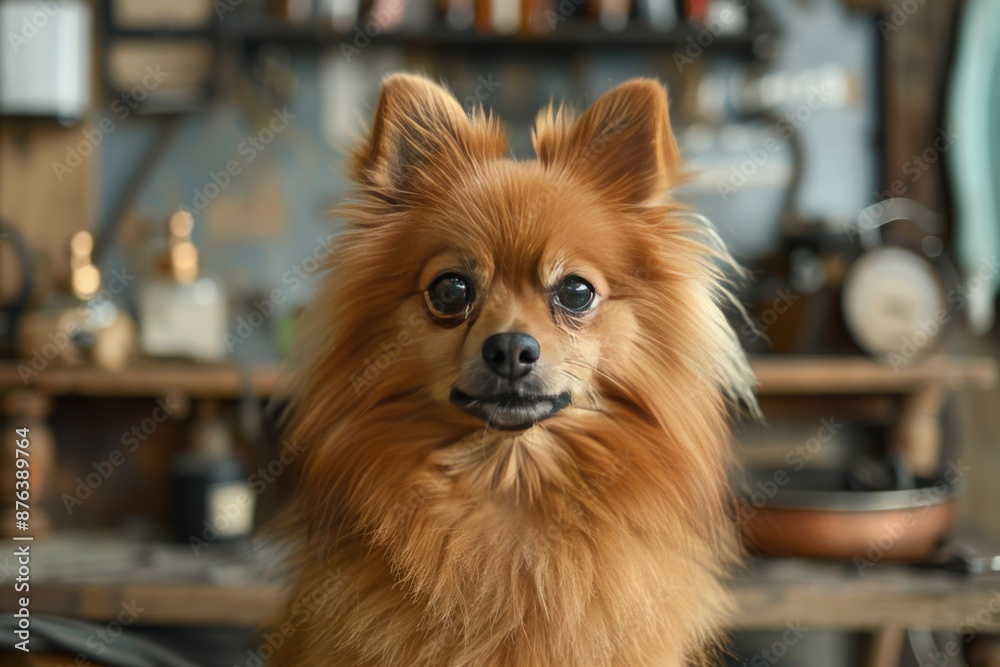 Close-up of a Pomeranian dog sitting calmly on the groomer's table Close-up of a Pomeranian dog sitting calmly on the groomer's table