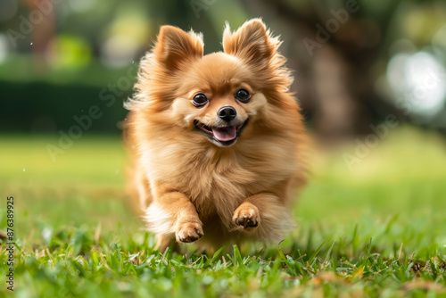 fun playing dog, Pomeranian Spitz with a playful expression on his face. The dog runs happily on the green lawn