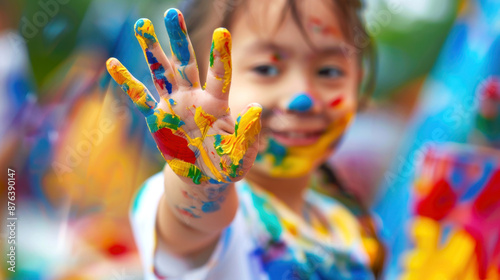 Young child enjoys vibrant and messy painting activity, with painted face and colorful hand displaying creative expression. bright, joyful, and engaging scene artistic creativity. © ugguggu
