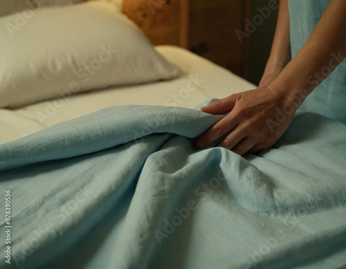 Closeup of a person going to change bed sheets holding clean linen in hands © pecherskiydotkz