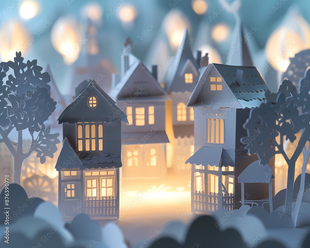Obraz premium cinematic all white papercut houses with lights inside generated by AI