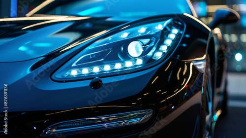 A close-up of a supercar's LED headlight with empty space.