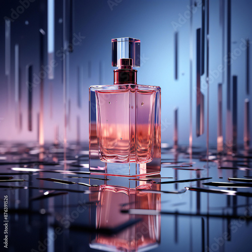 A bottle of perfume with a pink flower in the background © PhotoToolsAi