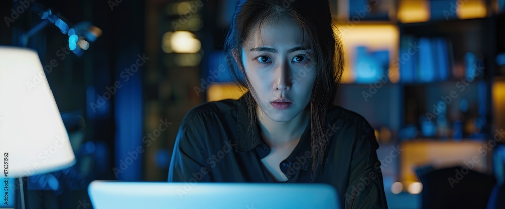 Obraz premium An Asian Lady Using A Laptop While Working Online In An Office, Feeling Focused