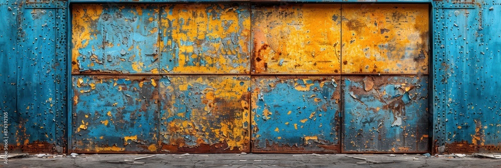 A close-up shot of a large, rusted garage door A close-up shot of a large, rusted garage door