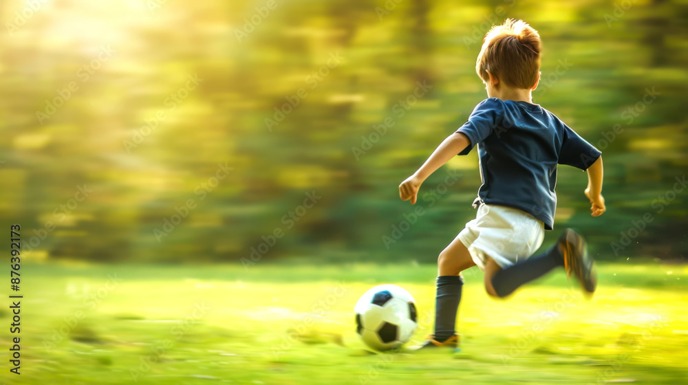 Obraz premium Young boy in blurred motion, kicking soccer ball on sunlit grassy field. vibrant greenery and dynamic action depict outdoor sports activity in warm weather.