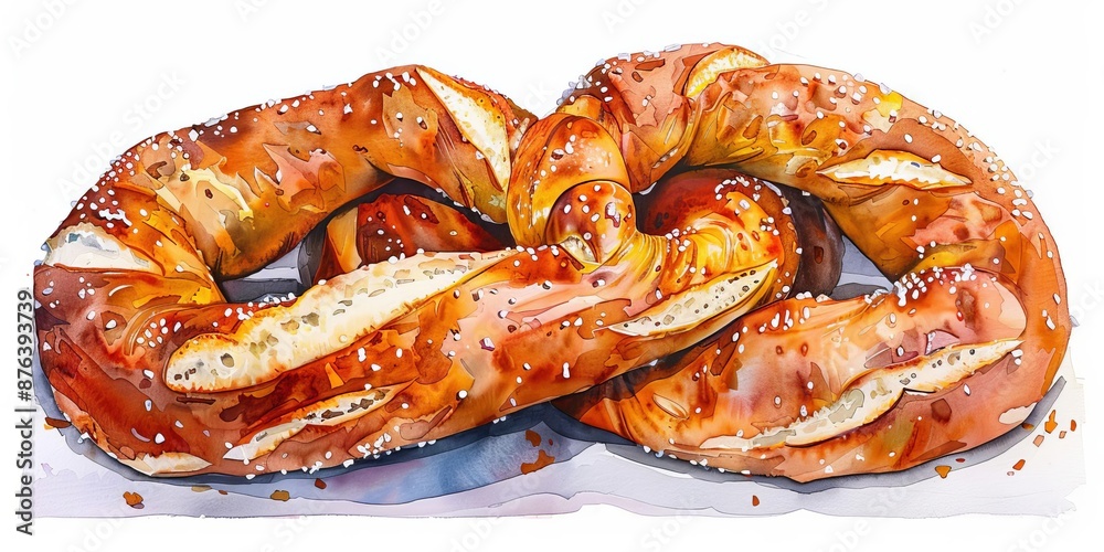 A highly detailed watercolor illustration of a large soft pretzel with a goldenbrown crust and coarse salt sprinkled on top A highly detailed watercolor illustration of a large soft pretzel with a goldenbrown crust and coarse salt sprinkled on top