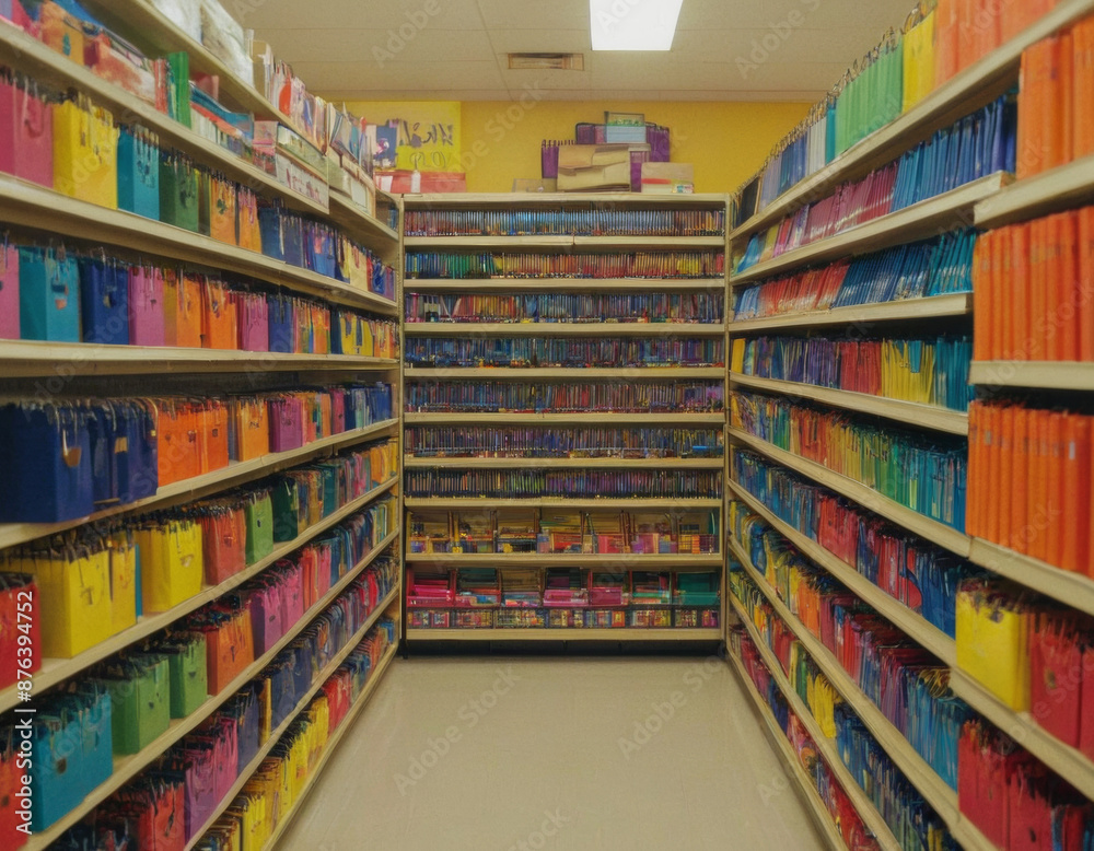 well-organized school supply store aisle, featuring shelves filled with notebooks, pens, pencils, crayons, and backpacks in vibrant colors. well-organized school supply store aisle, featuring shelves filled with notebooks, pens, pencils, crayons, and backpacks in vibrant colors.