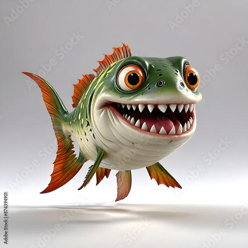 3D animated Cute Cartoon Render of a Smiling Piranha Character 3D Rendered on a White Background.