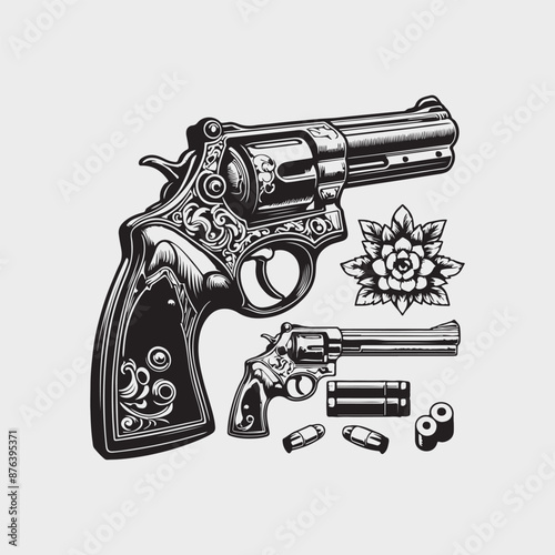 Vintage guns vector hand drawn illustration pistol