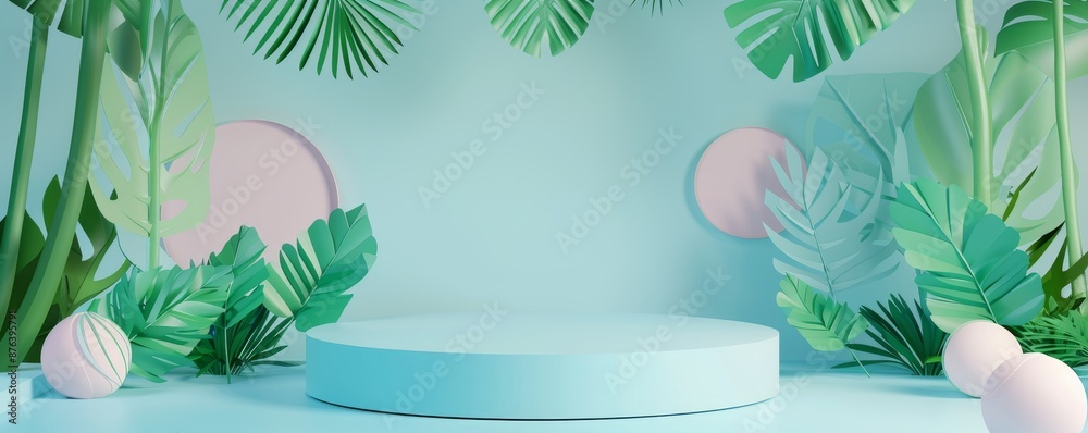 3D Render of Blue Product Stand with Tropical Leaves and Minimalist Circles