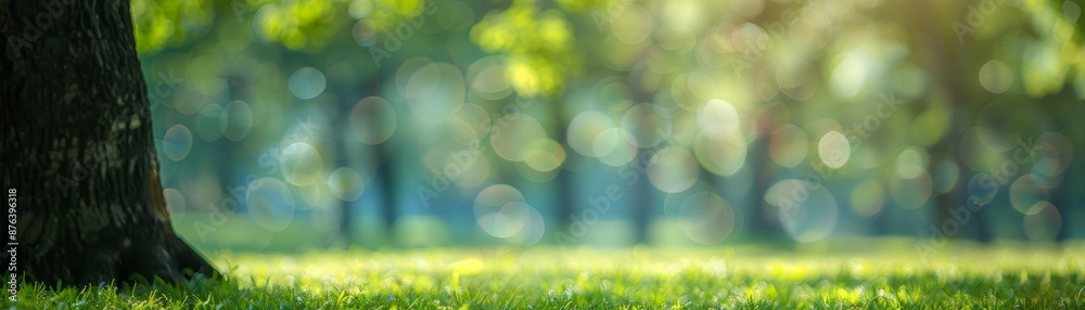 Obraz premium Bokeh Sunbeams Through Tree Canopy - Green Grass and Sunlight - Blurred Nature Background
