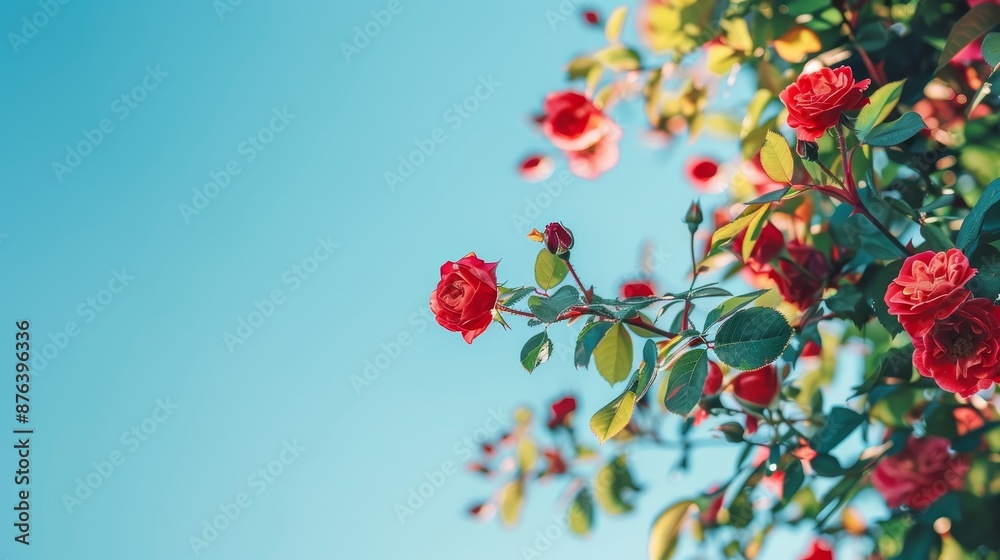 Obraz premium Closeup of a Red Rose Branch Against a Blue Sky