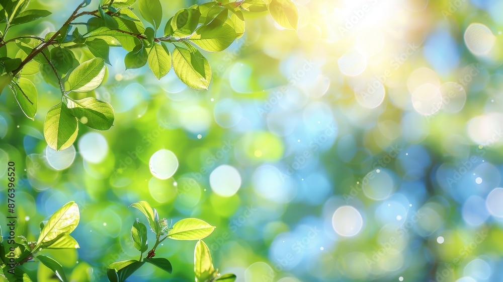 Fresh Green Leaves with Bokeh Lights - Spring Nature Background Fresh Green Leaves with Bokeh Lights - Spring Nature Background