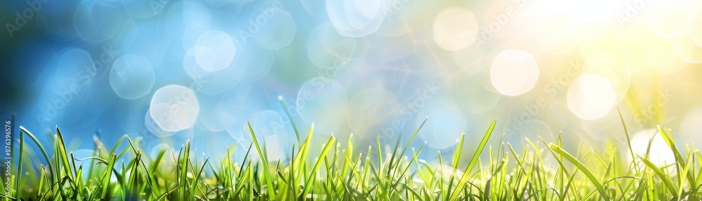 Fototapeta premium Green Grass Blades Close-Up With Blurred Blue and Yellow Bokeh Background