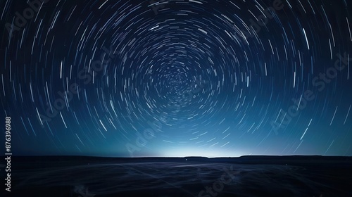 Vibrant star trails over a desert landscape, long exposure shot, isolated black background, copy space