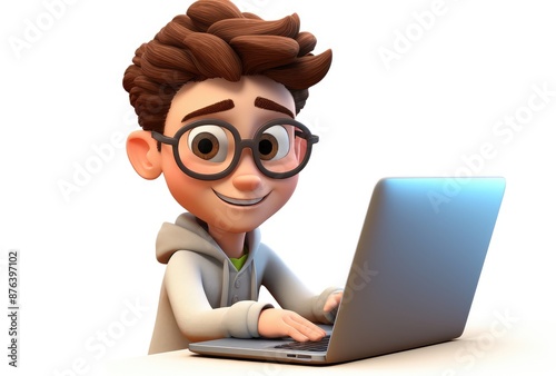 3D illustration of young man with laptop computer, isolated white background