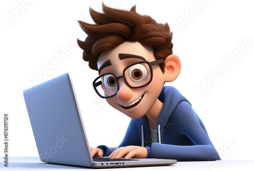 3D illustration of a teenager with laptop computer, isolated white background