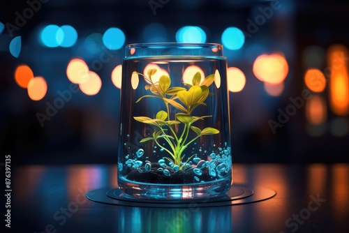 Small plant in a glass vase with colorful bokeh background