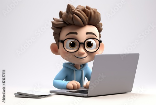 3D illustration of a cute cartoon boy with glasses using a laptop