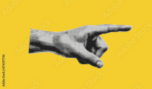 The hand that points to the right. Halftone cutout element on yellow background. Pop art retro element with dots effect. Paper texture
