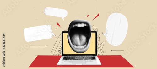 Workspace collage background with laptop and a scream mouth and speech bubbles. Retro beige and red colors. Dynamic cover. Vector tredny popart grunge illustration with scribble and dust paper bg