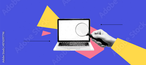 Geometric abstract bg with halftone collage elements. Hand hold magnifying glass and searching at the laptop screen. App cover mockup. Bold and bright popart banner. Vector illustration.