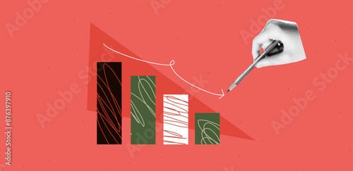 Geometric abstract red banner with halftone collage elements. Hand hold pencil with down chart. Vibrant bg. Vector illustration in bright and bold trendy popart style.