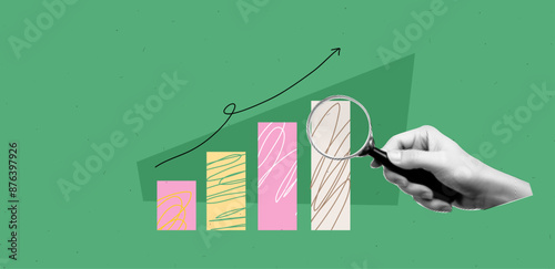 Geometric abstract bg with halftone collage elements. Hand hold magnifying glass with up chart. Green and pink. Vibrant banner. Vector illustration in bright and bold trendy popart style.