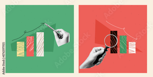 Set of Two square illustration of the theme of finance. Down and up chart with collage halftone hand with pencil and magnifying glass. Finance education. Vector trendy abstract popart banner