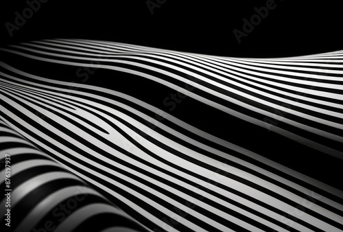 Black and white striped background. Abstract wavy pattern. 3d render illustration