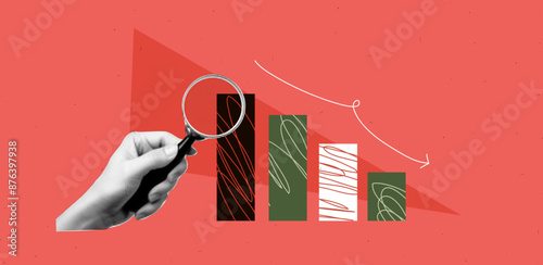 Geometric abstract red bg with halftone collage elements. Hand hold magnifying glass with down chart. Vibrant banner. Vector illustration in bright and bold trendy popart style.