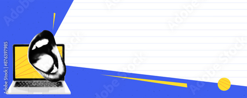 Collage art. Laptop screen with scream womans mouth. Crazy sale concept with scribble line and lined space for text e on the background. Blue and yellow colors. Vector trendy bg