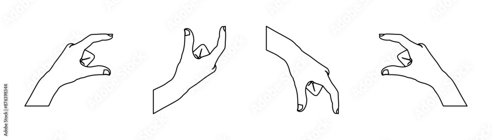 Obraz premium Female's finger measuring an invisible sized object, woman's palm making gestures. Hand illustration of a person communicating with two fingers as a sign or symbol. Icon set line design