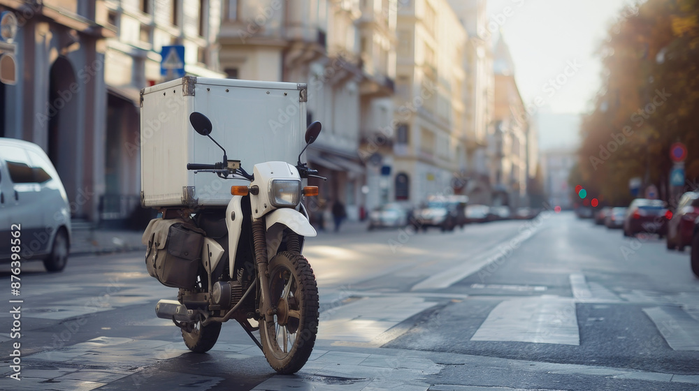 A white delivery box installed on a motorcycle stands on the road, representing service, delivery, and transportation in an urban city environment. Ideal for business and vehicle-related concepts. A white delivery box installed on a motorcycle stands on the road, representing service, delivery, and transportation in an urban city environment. Ideal for business and vehicle-related concepts.