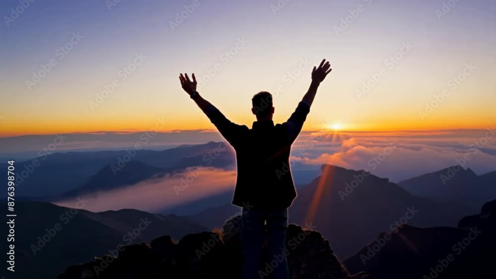 solitude of a freedom man watching a sunset from a mountain peak, serene and contemplative solitude of a freedom man watching a sunset from a mountain peak, serene and contemplative
